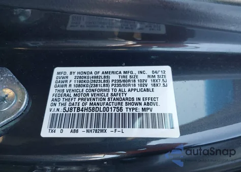 2013 Acura Rdx from USA, damaged, VIN 5J8TB4H58DL001756